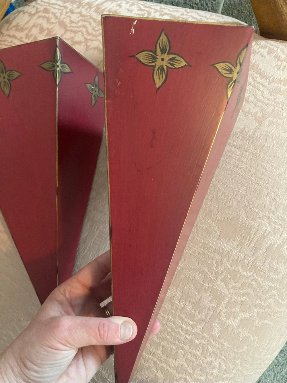 Pair of Metal Red Decorative Wall Shelves with Gold Accents